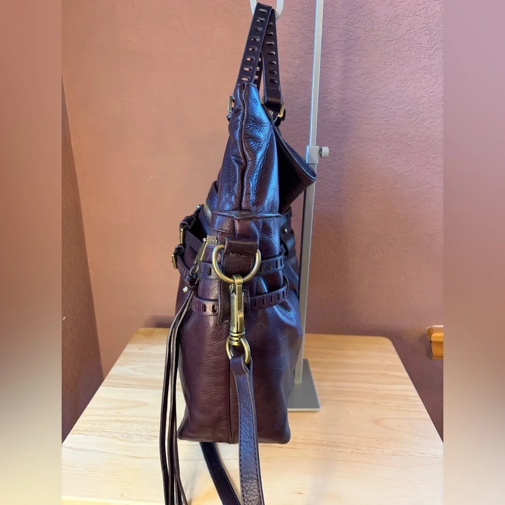 Joelle Hawkens Victory Folder Leather Bag | Brown Boho Studded Satchel Crossbody